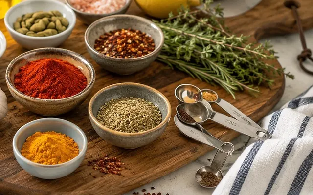Measuring spoons and kitchen scales for spices