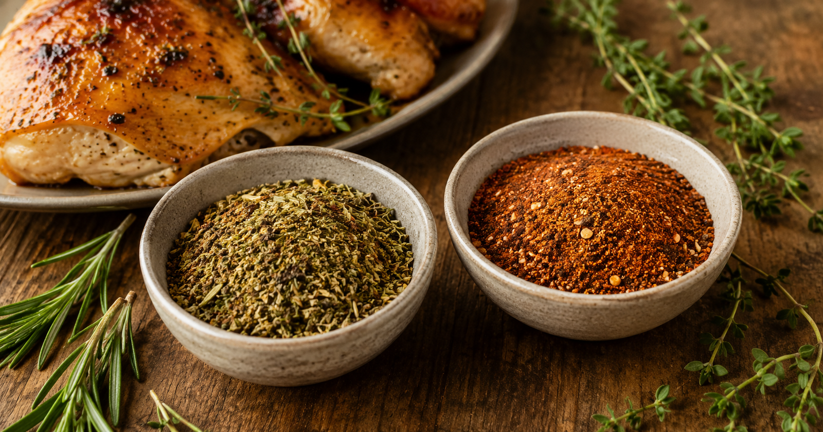 Poultry seasoning and chicken seasoning blends in bowls with fresh herbs