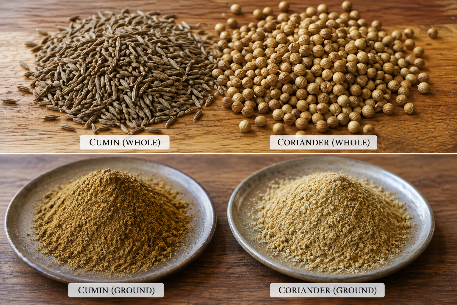 Whole cumin and coriander seeds with ground spices in plates
