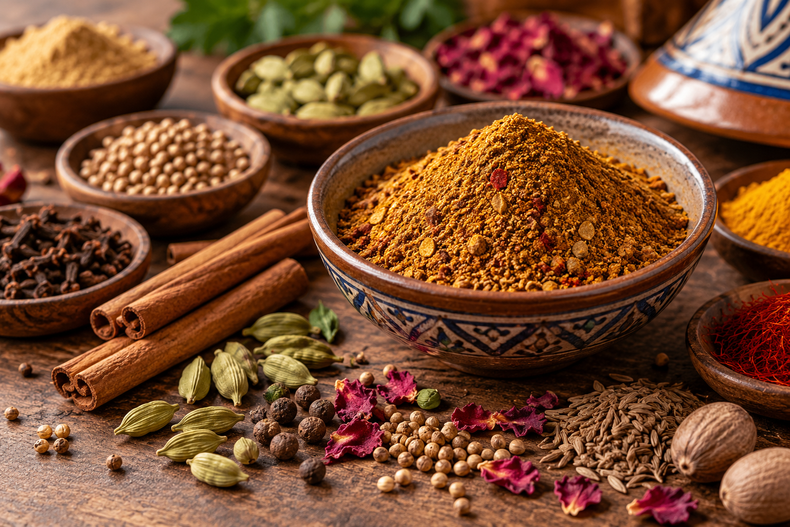 Bowl of ras el hanout spice blend with whole and ground spices